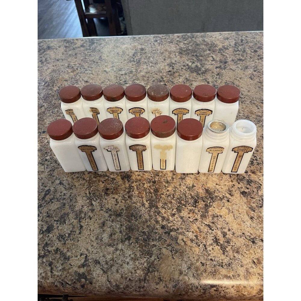 12 Vintage Griffith Milk Glass Spice Jar Set Lot Red Caps Art Deco Retro Labels